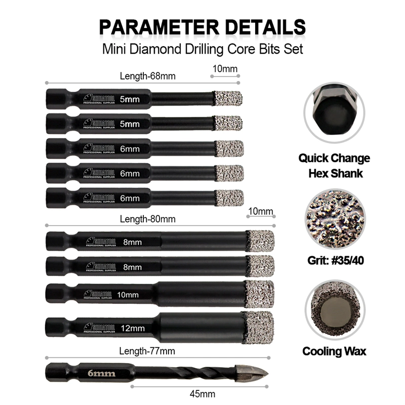 1set/10 PCS 5mmx2+6mmx3+8mmx2+10mm+12mm Dry Diamond Drill Core Bit +1PC 6mm Carbide Triangular Drill with Quick-Fit Shank