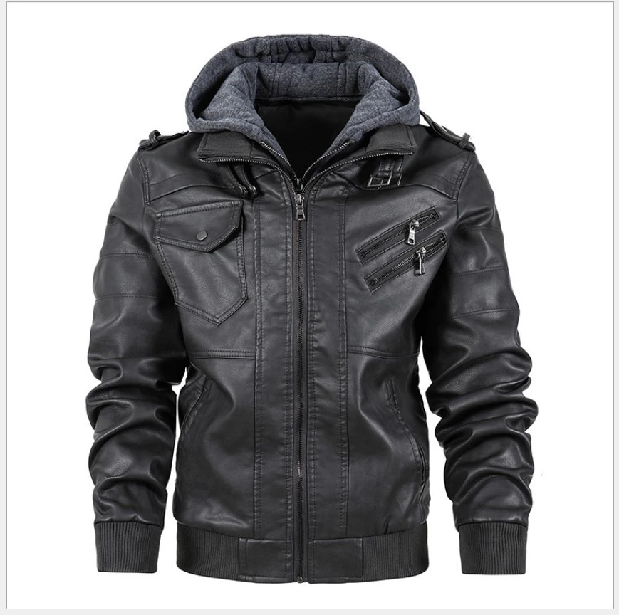 Men&prime; S Leather Jacket Jacket Thickened Plus Velvet Warm PU Leather Detachable Hood Leather Jacket