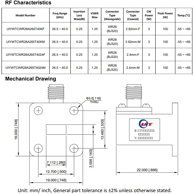 WR28 adaptateur guide d'ondes à guide d'ondes coaxial à bande Ka de 26.5 GHz Avec angle droit