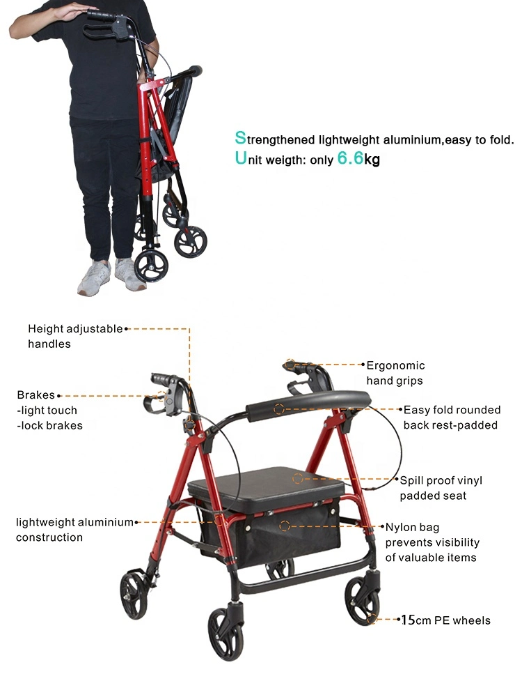 Household Aluminum Alloy Multifunctional Walker Rollator with Storage Bag for The Elderly