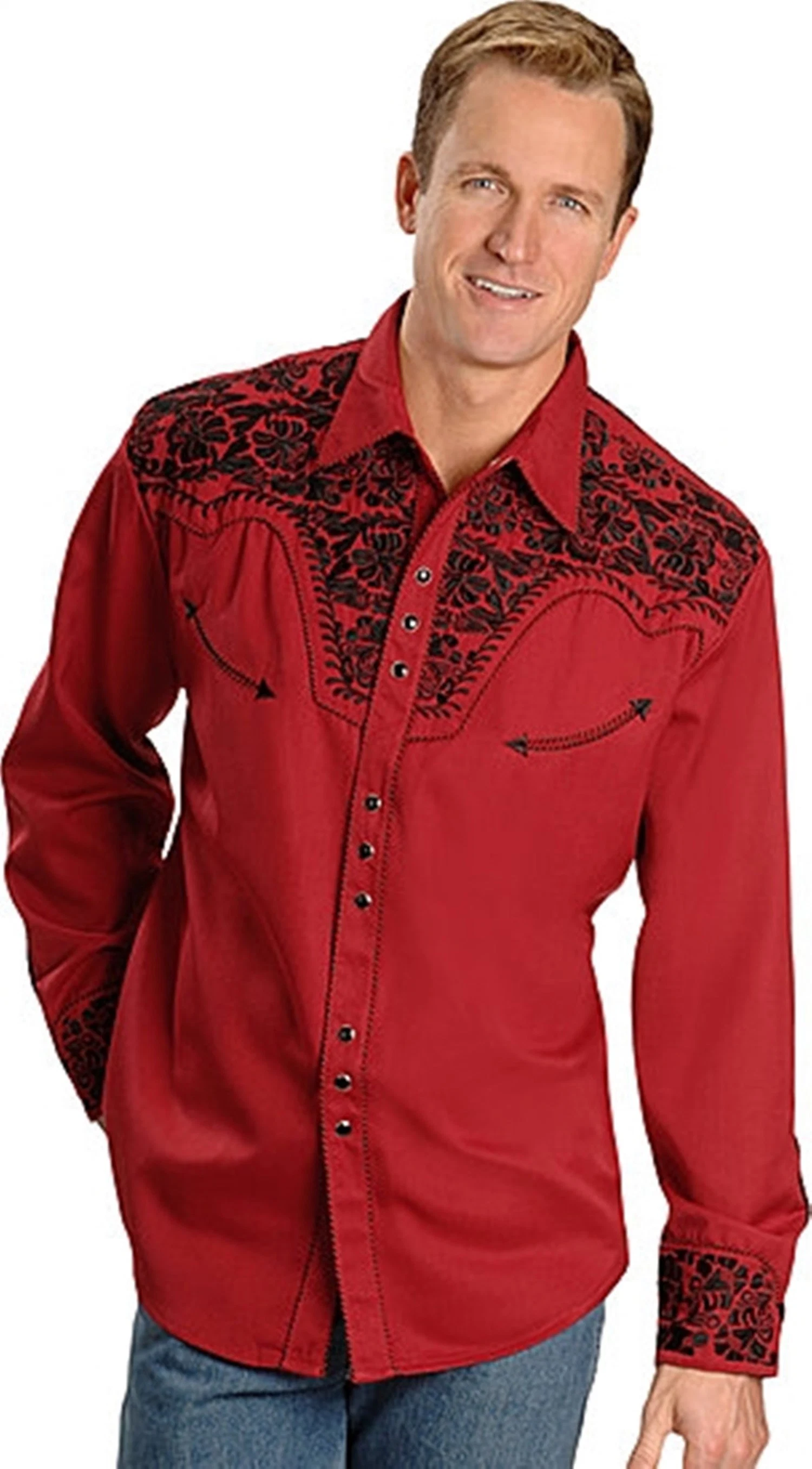 Wholesale Boutique Men&prime; S Embroidered Western Cowboy Red Clothing, Men&prime; S Woven Shirts, Men&prime; S Top, Men&prime; S Clothing, Woven Shirts