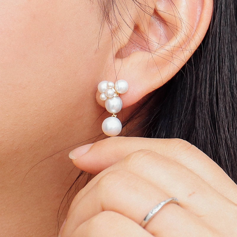 Freshwater Pearls Earrings Round White Color Pearls in 18K Real Gold Elegant Drop Earrings for Women