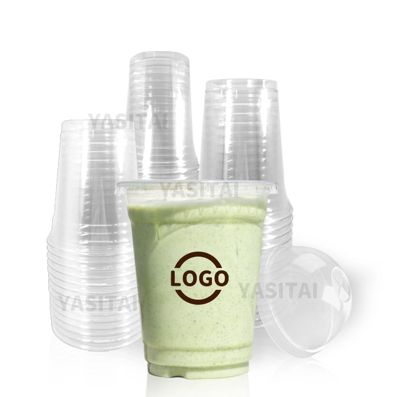 Copos descartáveis de plástico transparente para café gelado, bubble tea, leite com boba, smoothie com tampas planas ou tampas em formato de cúpula com logotipo personalizado.