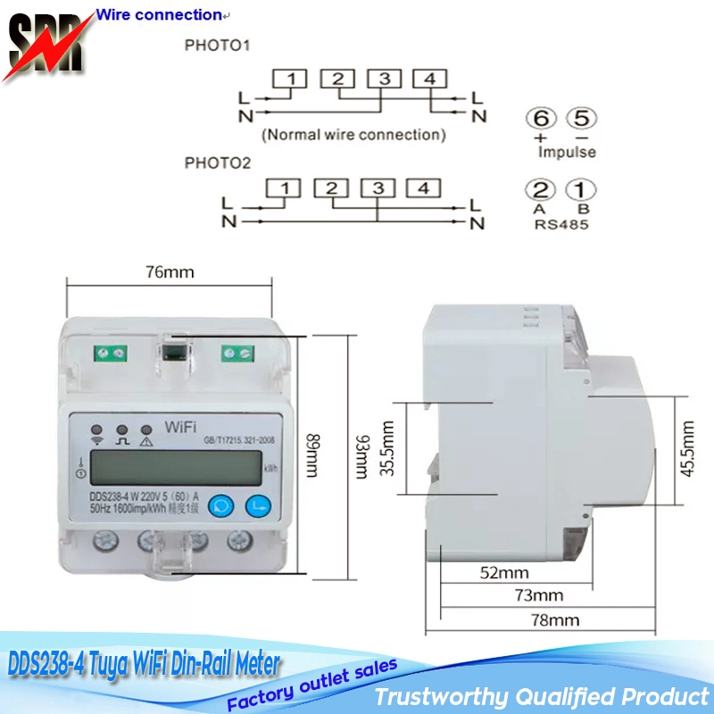 Smart WiFi Monofásico/RS485 Medidor de energía de la DDS238-4 en Carril DIN de energía de voltaje de corriente Mostrar Tuya Metro WiFi