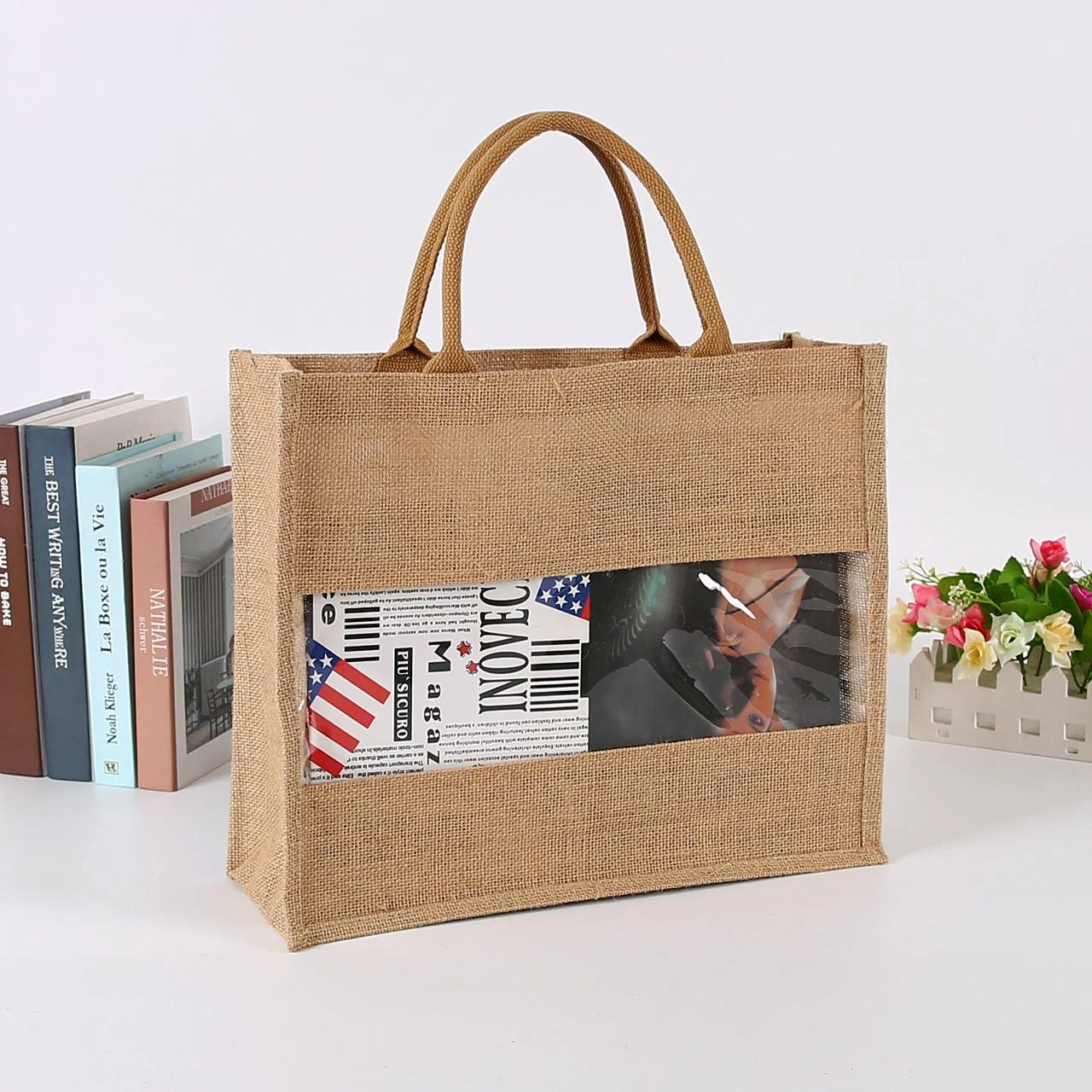 Reusable PVC Transparent Window Promotional Shopping Jute Bag