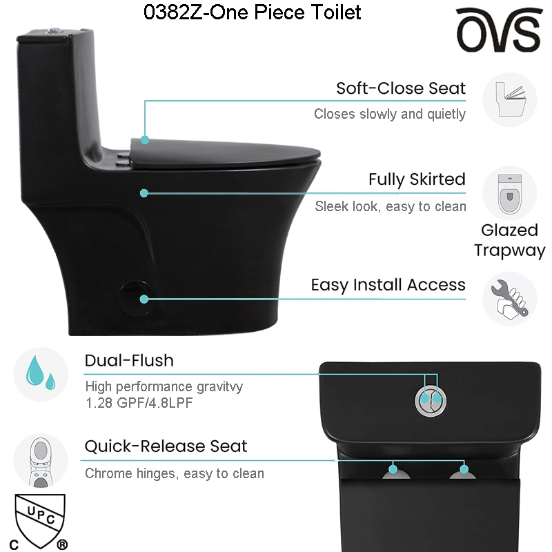 Ovs Cupc American Modern Black Color Bathroom Wc Water Closet Ceramic Powerful Flushing One Piece Toilet Set