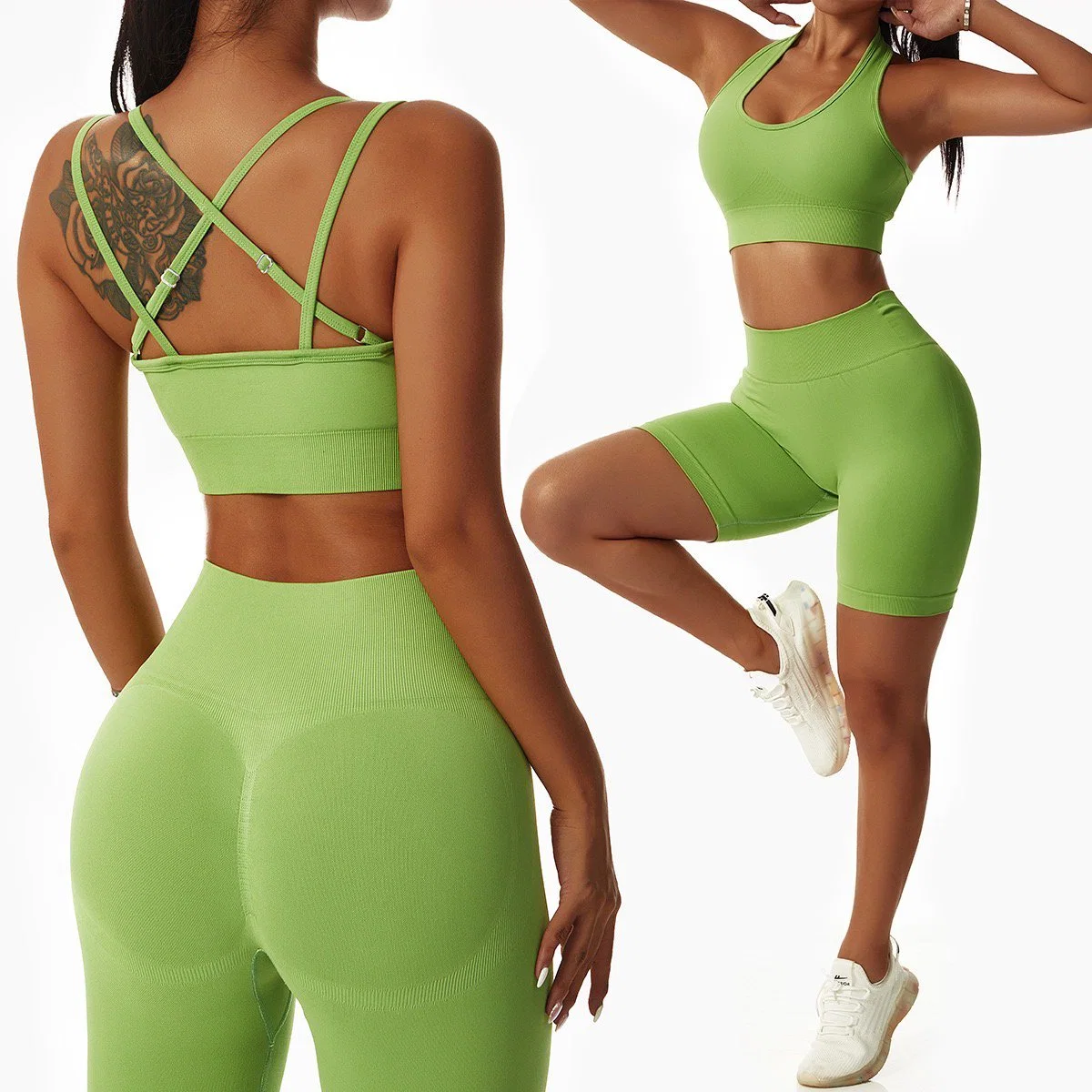 2/3/4PCS Sexy Summer Activewear Seamless Casual Apparel for Women, Halter Neck + Strappy Back Sports Bra + Scrunch Shorts + Yoga Pants Matching Workout Set