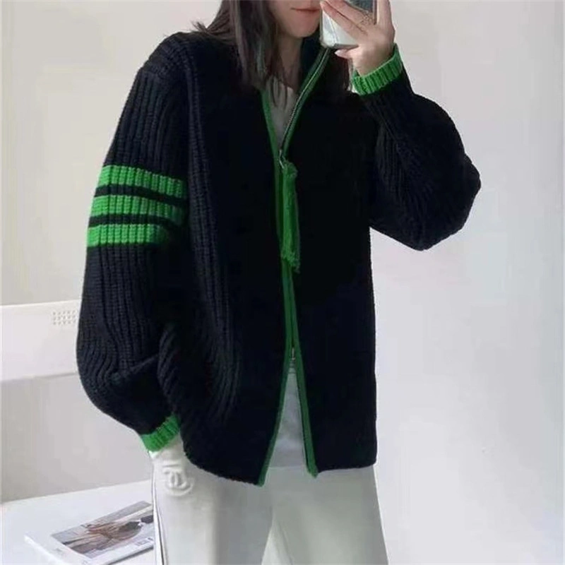 Double Zipper Knitted Coat Female 2023 Contrasting Color Stripe Stitching Loose and Thin Stand-up Collar Knitted Cardigan Outside to Put on Top