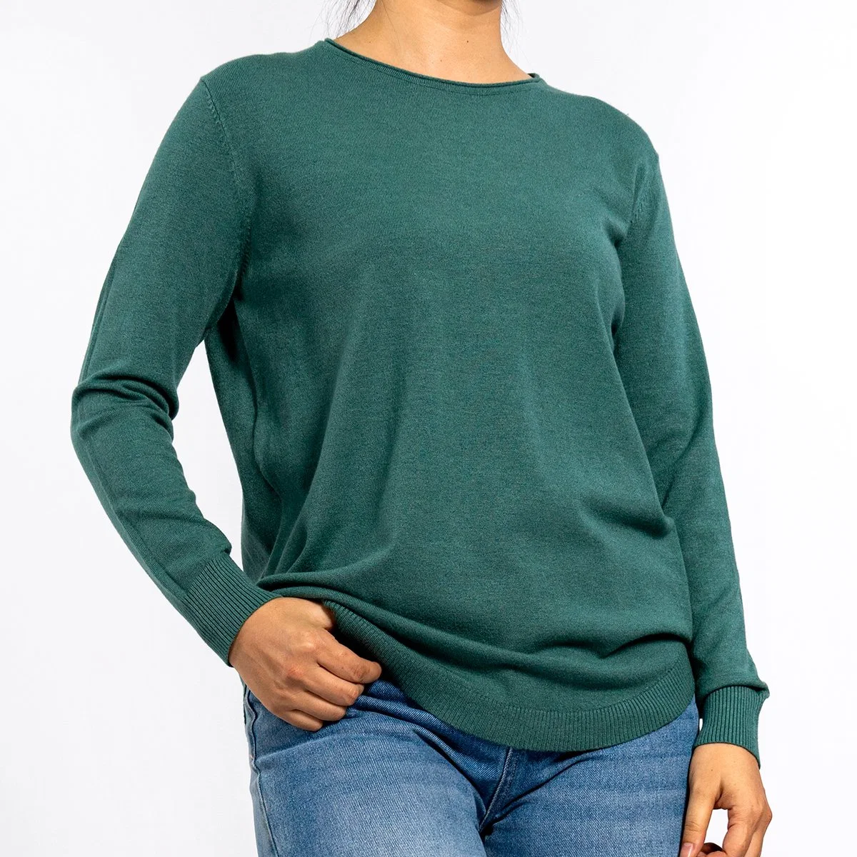 Pull à col rond et bas manches longues en maille de printemps vert pour femmes Hauts