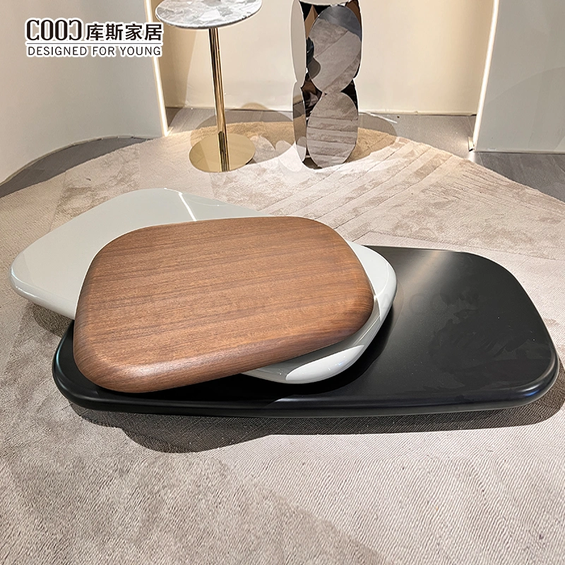 Rotating Pebble Shape Design MDF Living Room Furniture Walnut Wooden Luxury Modern Tea Coffee Table