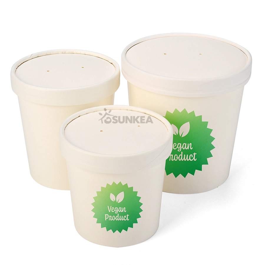 Custom Printed Biodegradable Paper Disposable Food Grade White Soup Tub with Lid