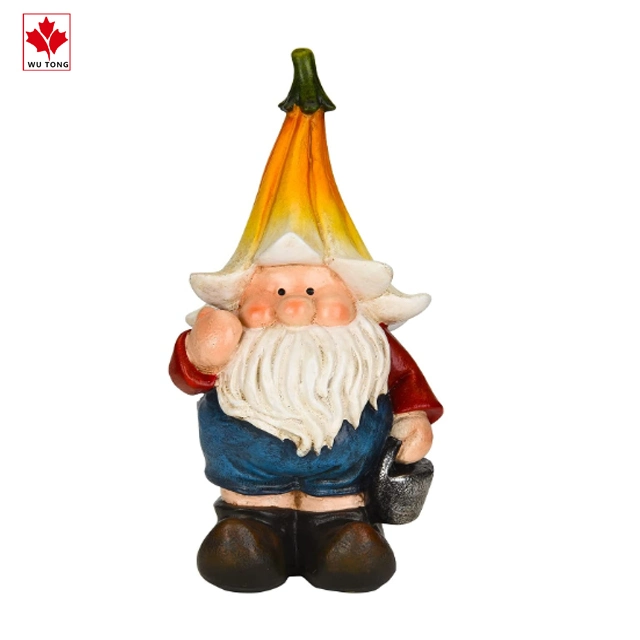 Funny Ornament Craft Resin Gnome Ready to Work Wearing a Flower Hat Figurine Garden Decor