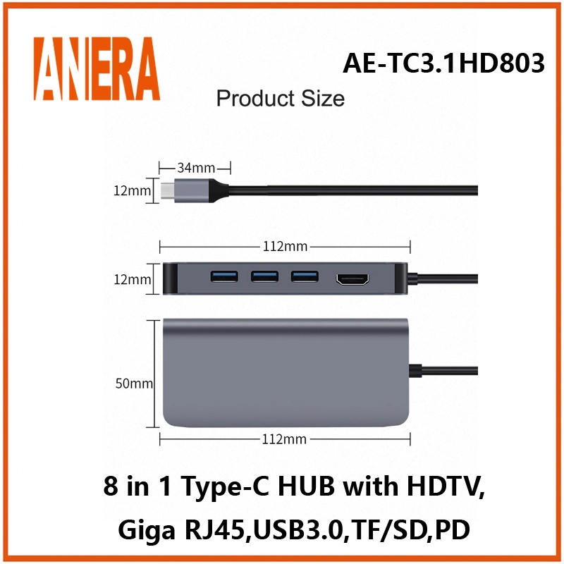 High quality/High cost performance 8 in 1 USB C Portable Type C Hub Adapter with 100Mbps RJ45 LAN USB3.0/2.0 Hub SD/TF 2.0 Card Reader Pd Data Pd Charging and HDMI