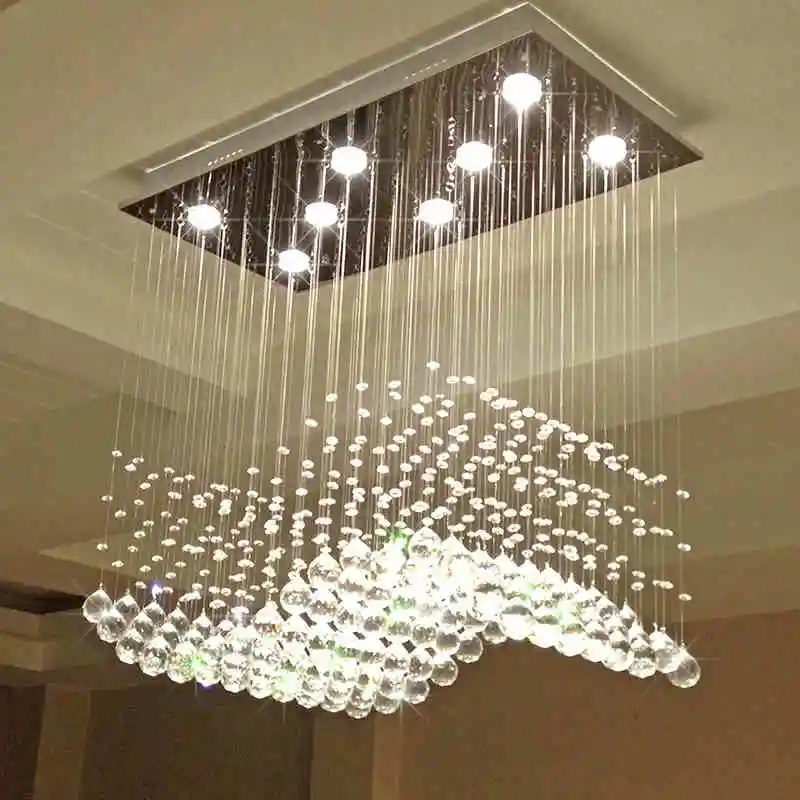 Contemporary Wave Crystal Hanging Wire Ball Square Flush Ceiling Light for Living Dining Room Kitchen Chandelier