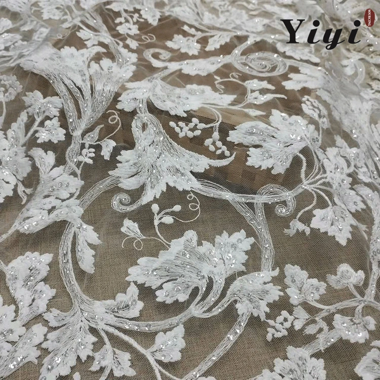 Fashionable French White Vertical Bridal Wedding Stripes Beads Embroidered Lace for Dress