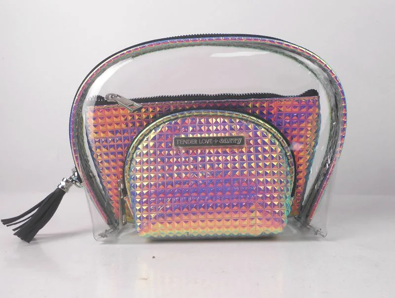 Custom Logo Waterproof PVC Clear Makeup Cosmetic Glitter Bag Fashion Bags PVC Cosmetic Pouch with Pink Zipper