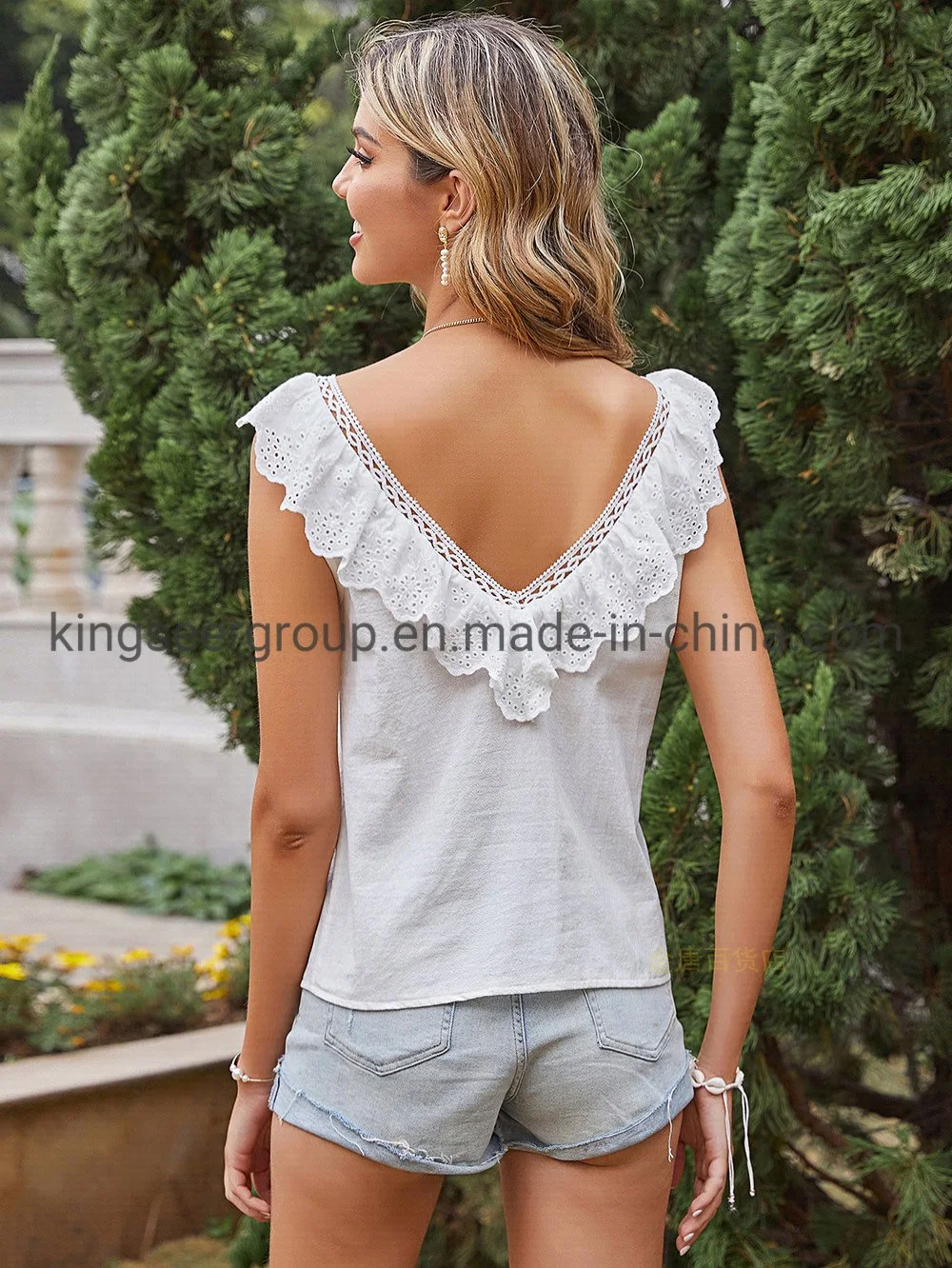 Ruffled White Lace V-Neck Tops Vest T-Shirt