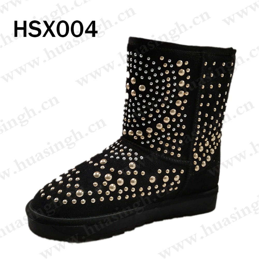 Zh, Wholesale Plush Real Wool Lining Black Winter Snow Boots Rivets Decoration Lady Boots Shoes Popular in Extreme Cold Weather Hsx004