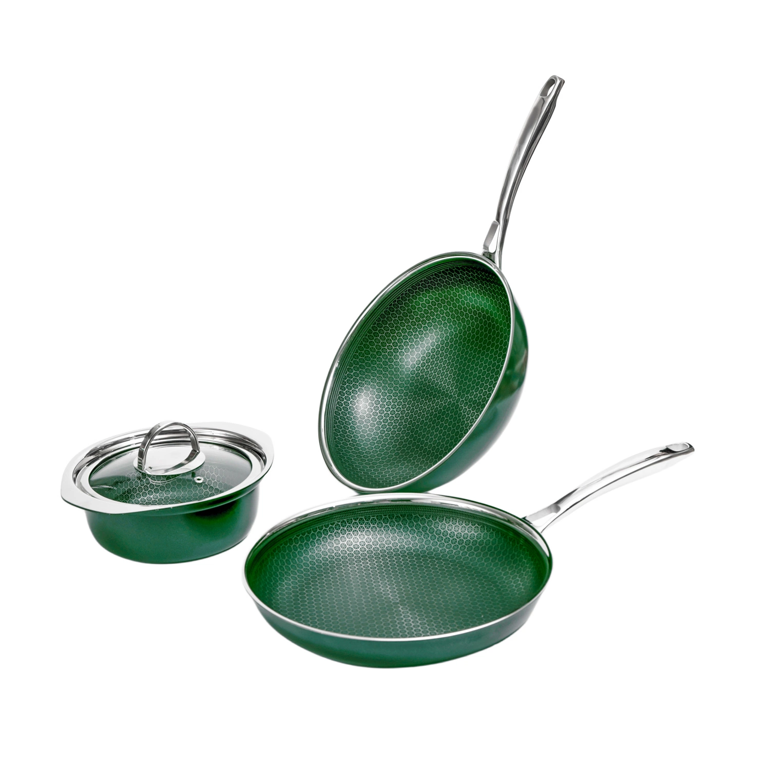 Non-Stick Honey Comb Coating Stainless Steel Blackish Green Ceramic Outer Layer 3PCS Cookware Set