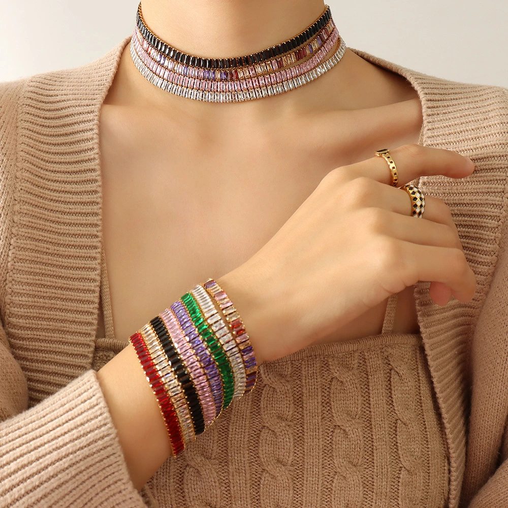 Hot Fashion Edelstahl Regenbogen Bunte Zirkon Edelsteine Stein Tennis Armband Halskette Schmuck Set