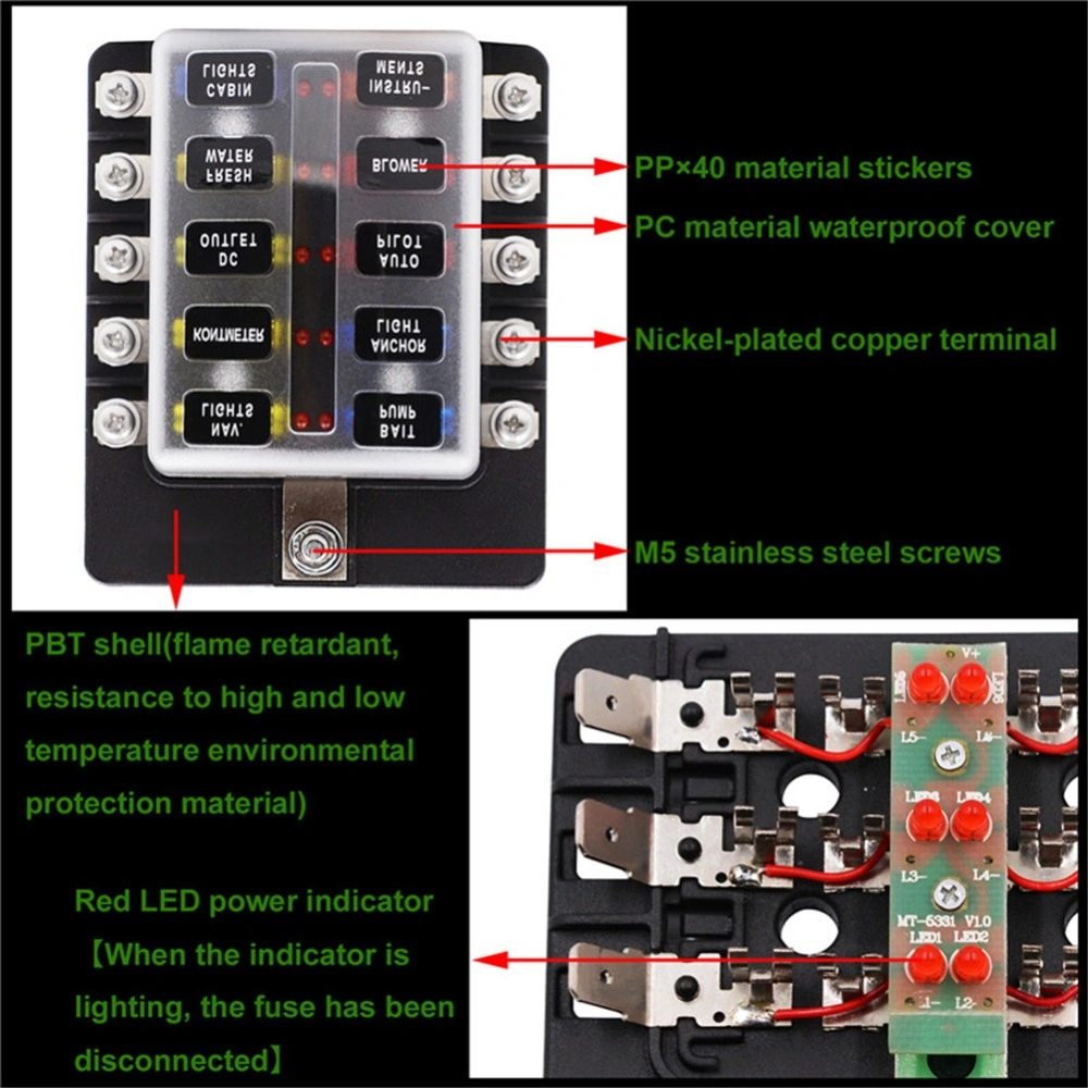 Caja de fusibles de 6 vías, hoja impermeable, portafusibles con Indicador LED para caravana marina de embarcaciones de coche