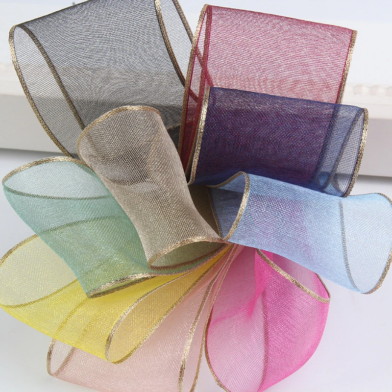 Großhandel OEM / Custom Wired Translucent bunte transparente Gold / Silber Rand Nylon Plaid Organza Band für Kuchen Dekorieren