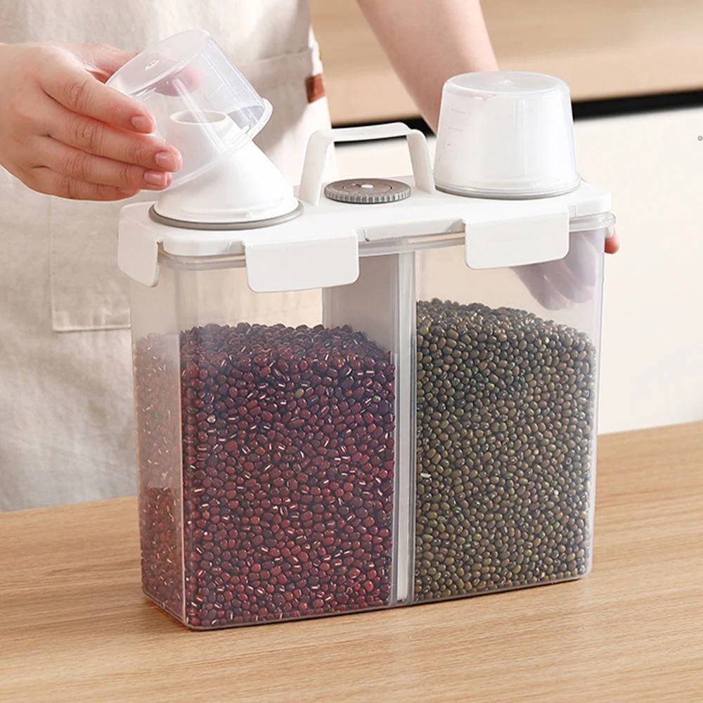 Kitchen Plastic Grain Rice Container for Cereals Dry Food Storage Box with Measuring Cup and Hand