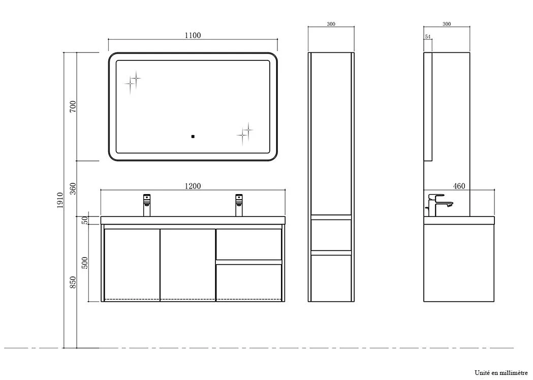 Wall Hung Bathroom Vanity 120cm Bathroom Furniture Set with Two Washbasin