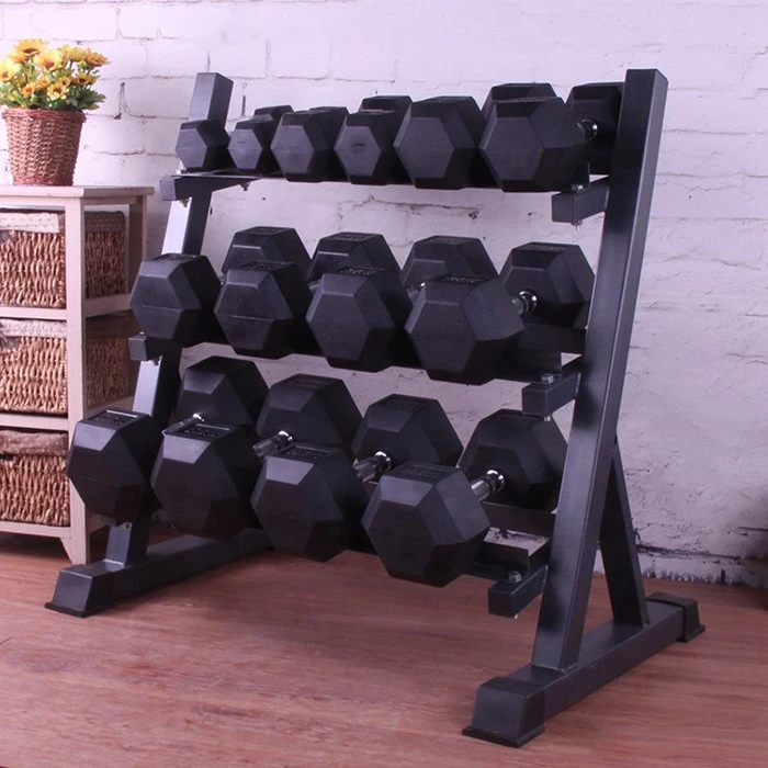 Support pour haltères de levage de poids salle de gym trois noire utilisée niveau support pour haltères Support pour haltères de formation d'alimentation