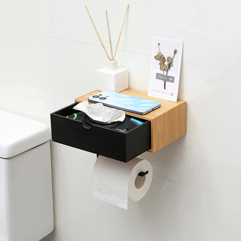 Bamboo Toilet Paper Roll Holder with Storage Shelf and Drawer