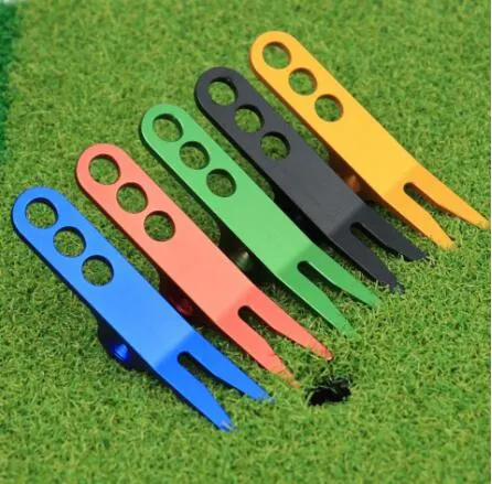 Stock Available Golf Ball Fork Automatic Retractable Magnetic Deluxe Accessories Blank Metal Zinc Alloy Anodized Hat Clip Golf Club Repair Fork Divot Tool