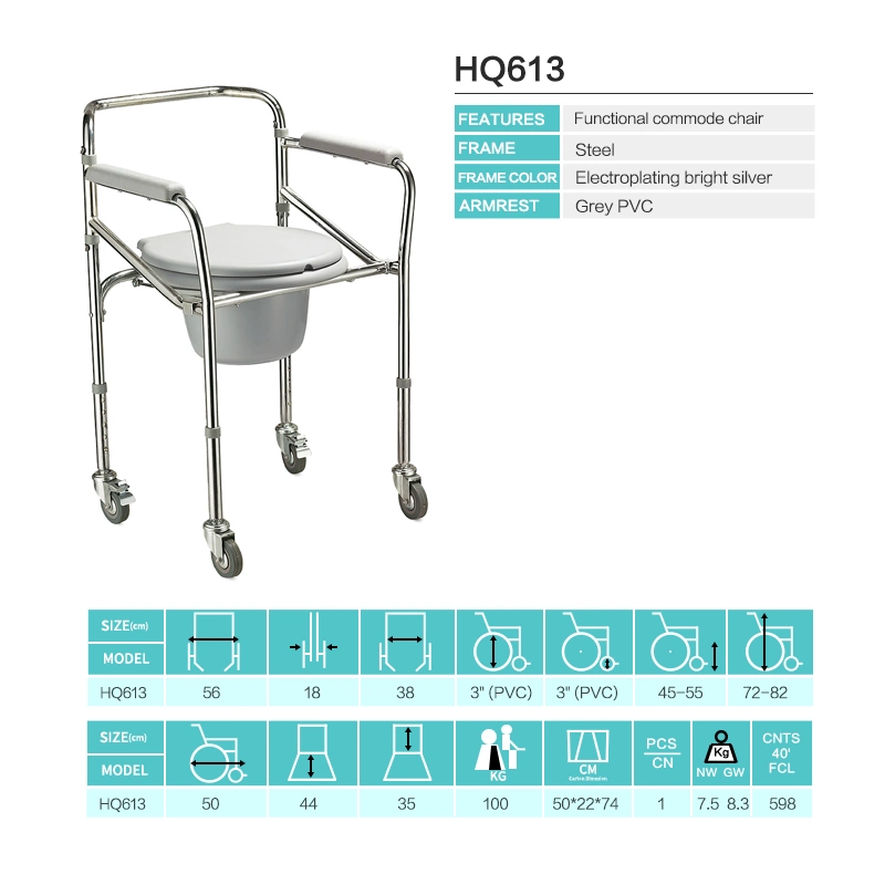 Stainless Steel Transfer Potty Chair Bathroom Furniture for Elderly or Disabled with Plastic Removable Commode Bucket