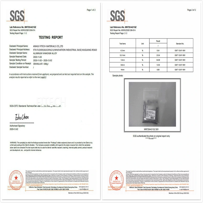 Vanadium Aluminum Alloy with Customized Content of Al V55-85