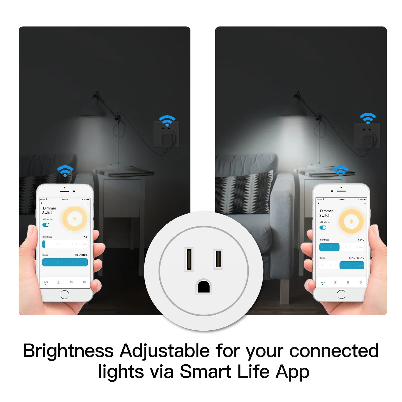 WiFi Smart Power Socket Plug Brightness Adjust Timer Plug Tuya Smart Life APP Compatible for Amazon Alexa Google Assistant Voice Control Mini Smart Home Automat