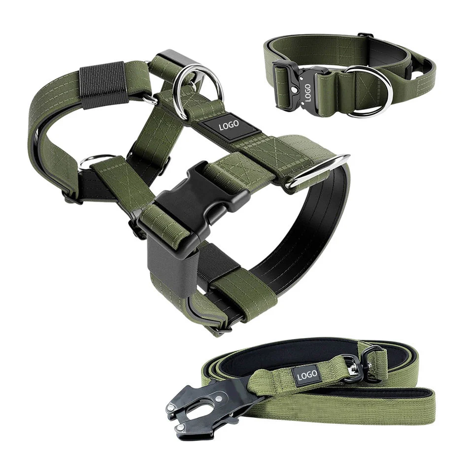 Heavy Duty Combat Safety Tactical Training Neoprene Padded Tactical Dog Collar Leash Harness Set No Pull for Training Walking