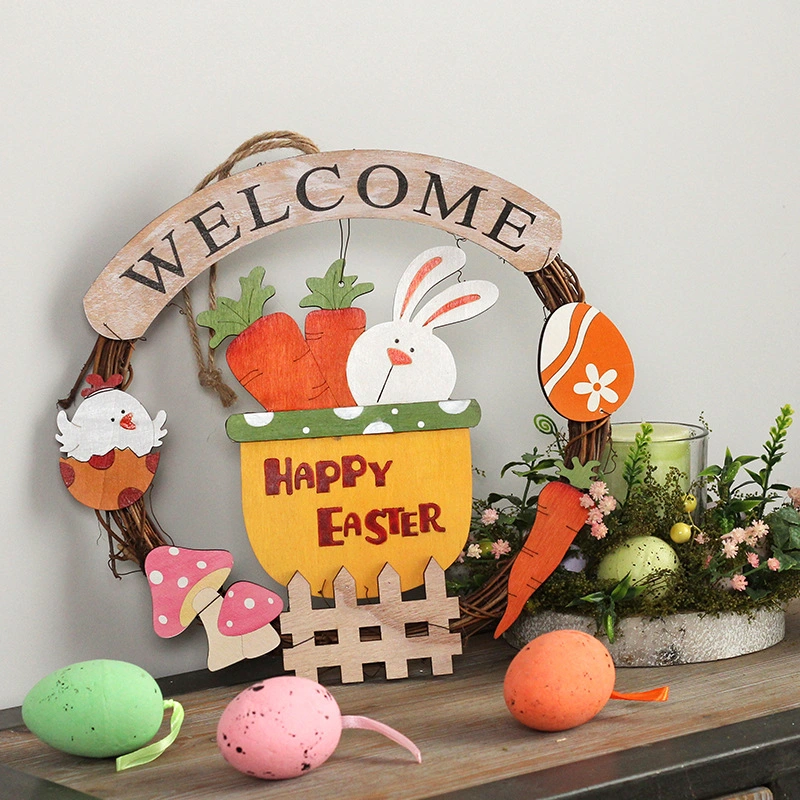 Wooden Happy Easter Door Sign Wreath Decoration with Bunny Carrot