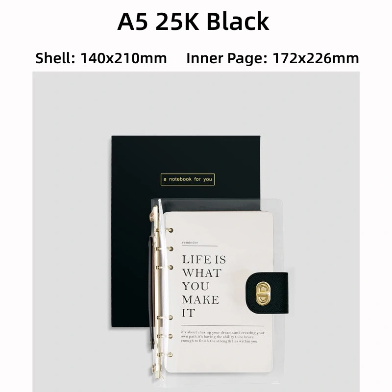 A5 Losen-hojas Diario Libro de notas Diario Diario de 90 hojas de escritorio (180 páginas) 100 GSM Cream Paper Pocket Notebook con PVC transparente cubiertas-Negro