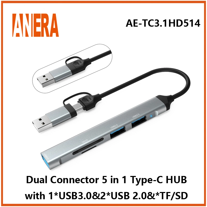 Dual Connector High Performance 5 in 1 Multifunction USB C Portable Type C Hub with USB3.0/2.0 Hub SD/TF 2.0 Card Reader