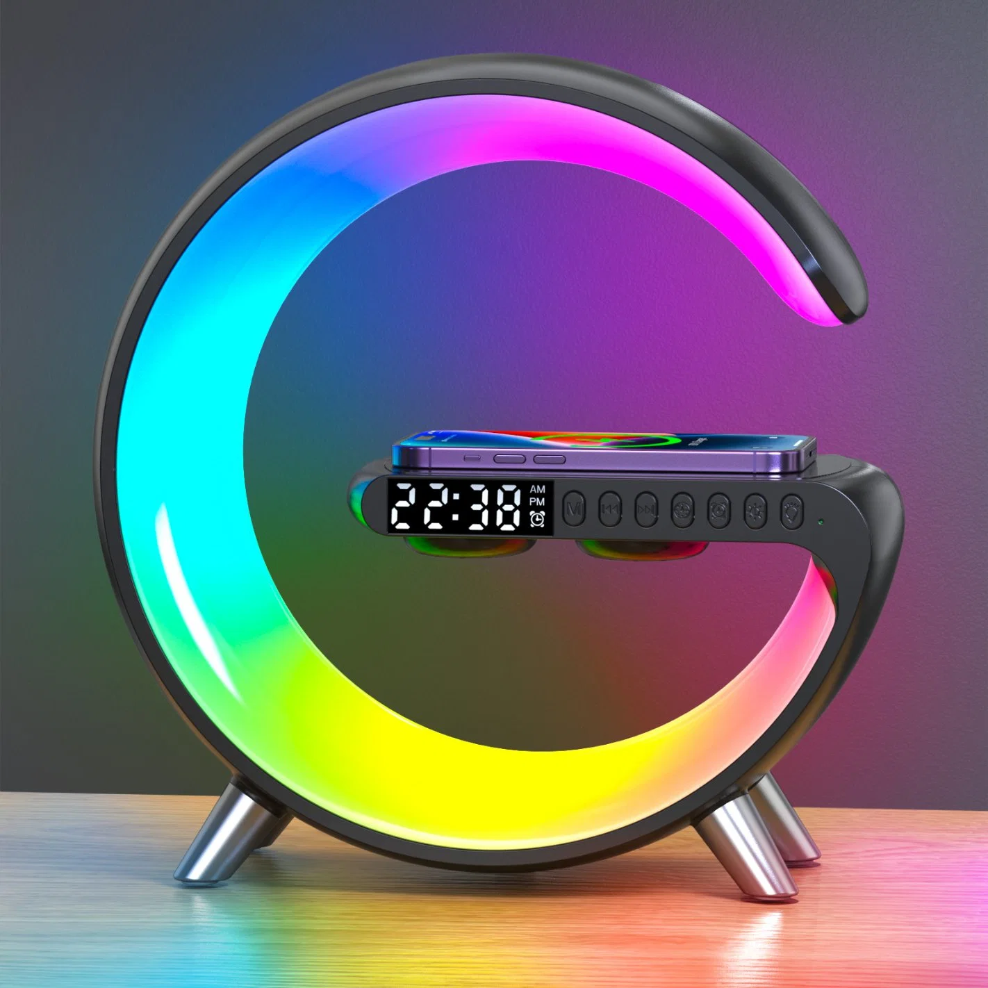 New Multi Functions Wireless Fast Charger with LED Lighting Wireless Speaker with Alarm Clock Bluetooth G Shaped 15W Charger