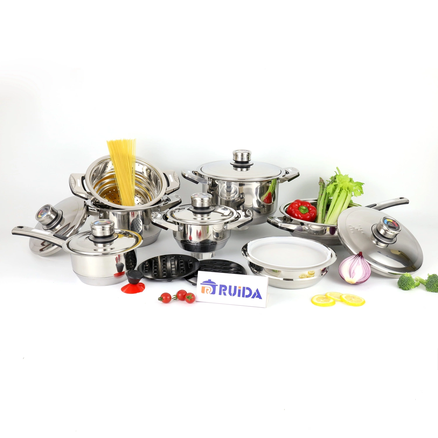 24pcs de acero inoxidable de alta calidad borde ancho utensilios de cocina en un diseño simple olla cocción por inducción con termómetro