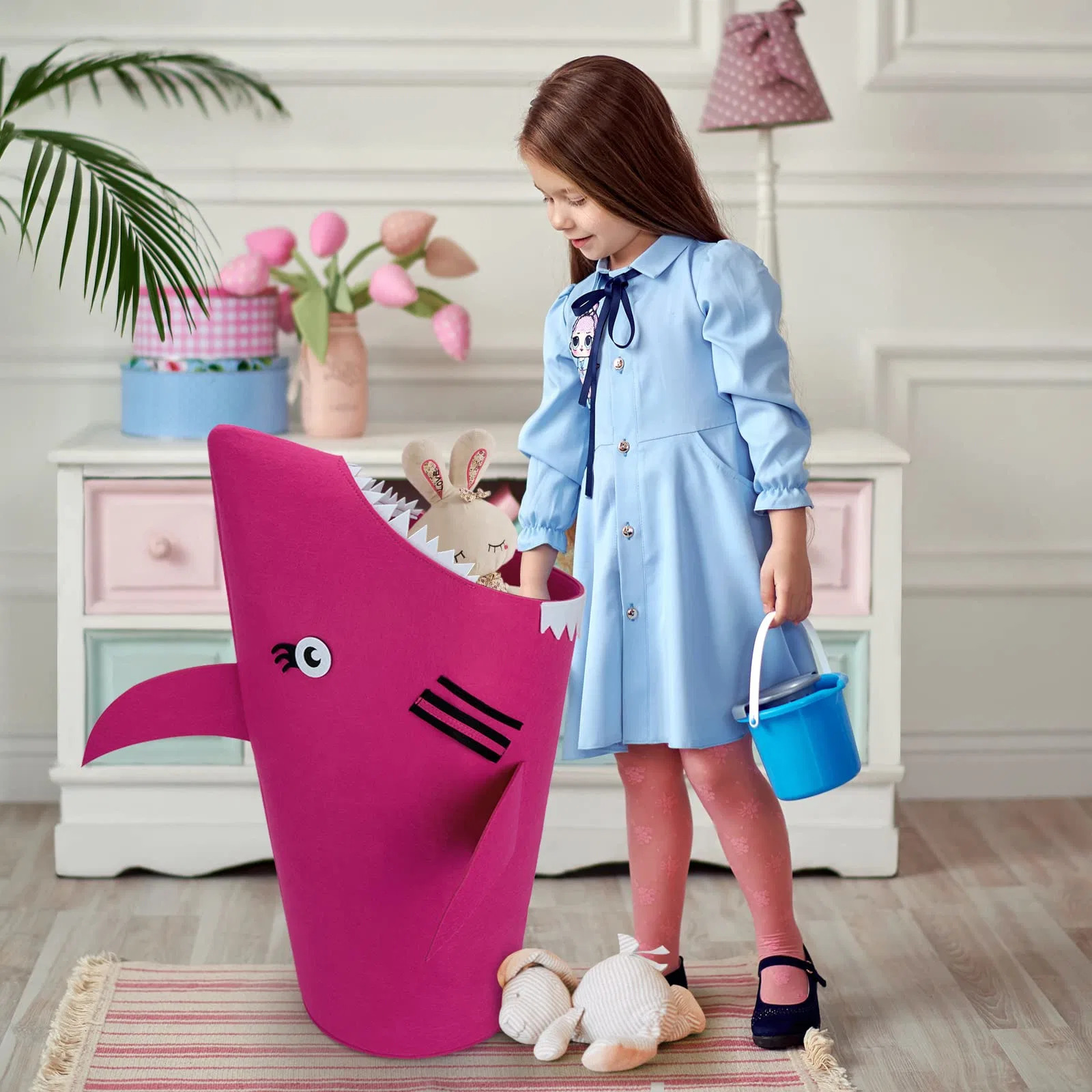 Pink Foldable Shark Shape Design Cute Felt Storage Basket