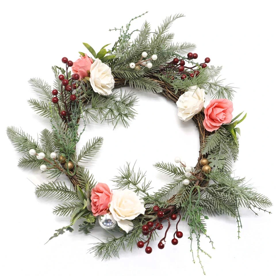 Hot-Selling Artificial Flowers Pine Needles Christmas Wreaths Foam Red Berries Hanging Door and Window Decorations