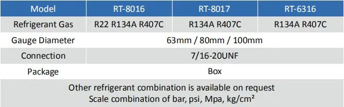 High Precision Oil Filled Small Torque Gauge Stainless Steel Rt-8016 for R22 R134A R407c