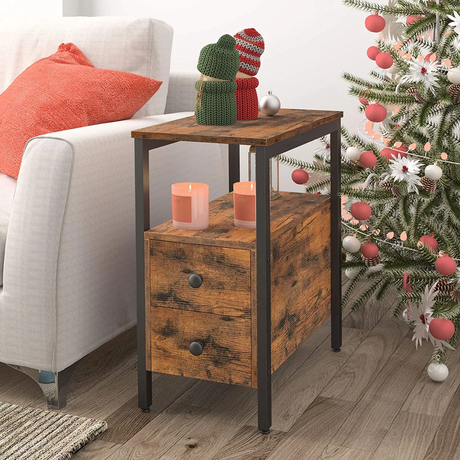 Wooden Side Table End Table with Charging Station