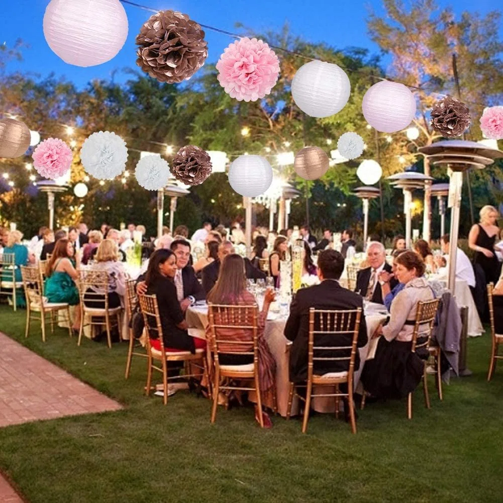 Design for Wedding Valentine's Day Birthday Party Decor Golden and Pink Hanging Round Paper Lantern and Pompom