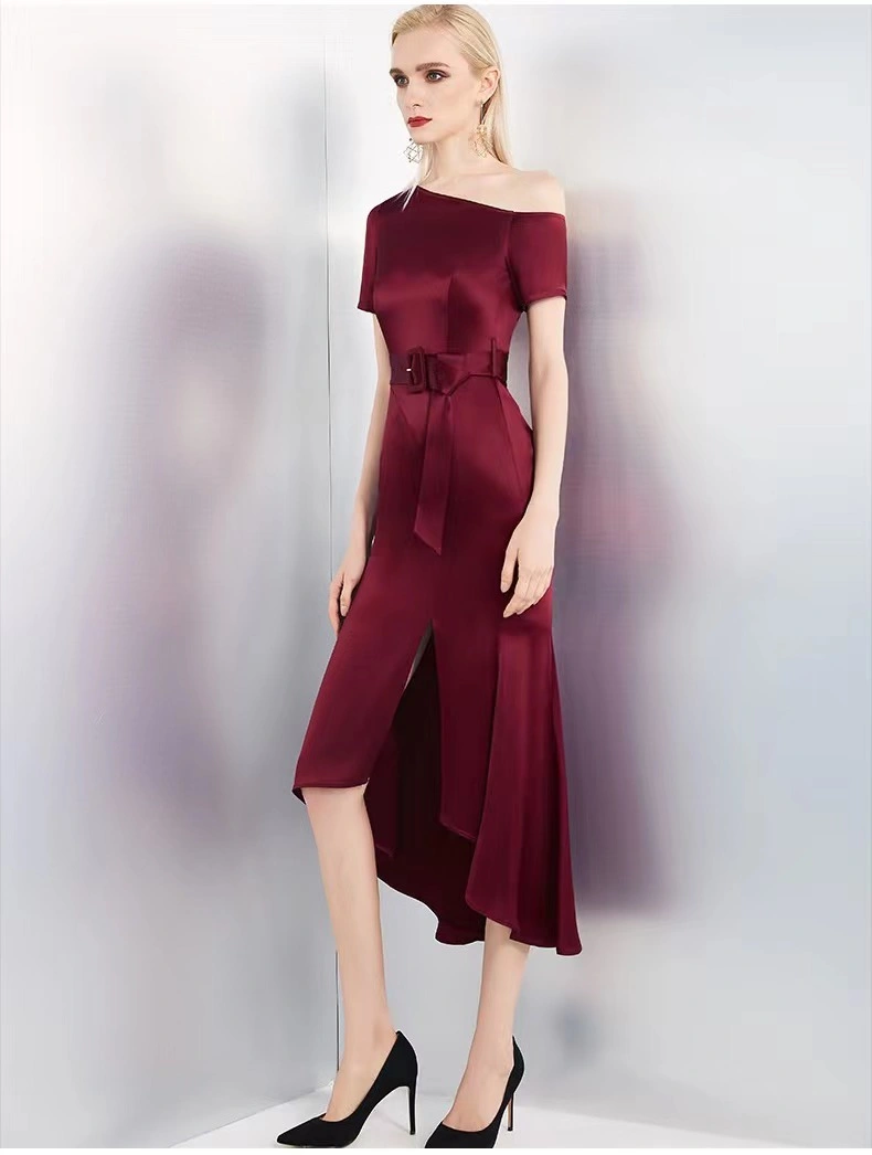 High quality/High cost performance Satin Sexy Woman Luxure Wine One- Shoulder Irregular Fashion Ladies Dress with Belt