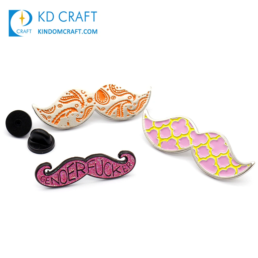 Wholesale No Minimum Custom Shaped Novelty Mustache Brooch Pin Badge Enamel Glitter Powder Metal Moustache Lapel Pins