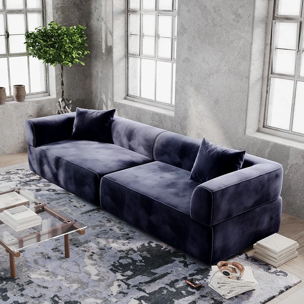 110" minimalistisches Deep Seat Sofa mit Rollarm, Wildleder Stoff, dunkelblaue Farbe Wohnzimmer Couch