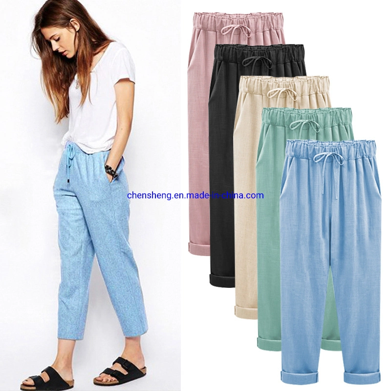 Wholesale Fashion High Waist Cotton Linen Casual Blank Ladies Outdoor Pants for Women