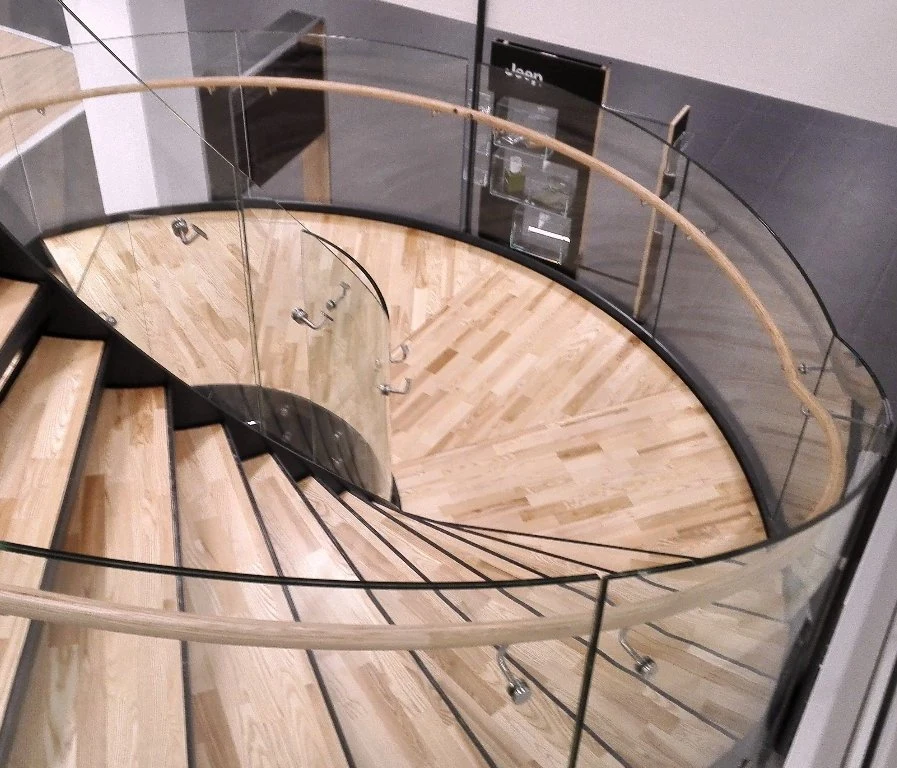 Curved Staircase Glass Railing Steel Spiral Staircase Design Au Standard LED Light Wood Stairs